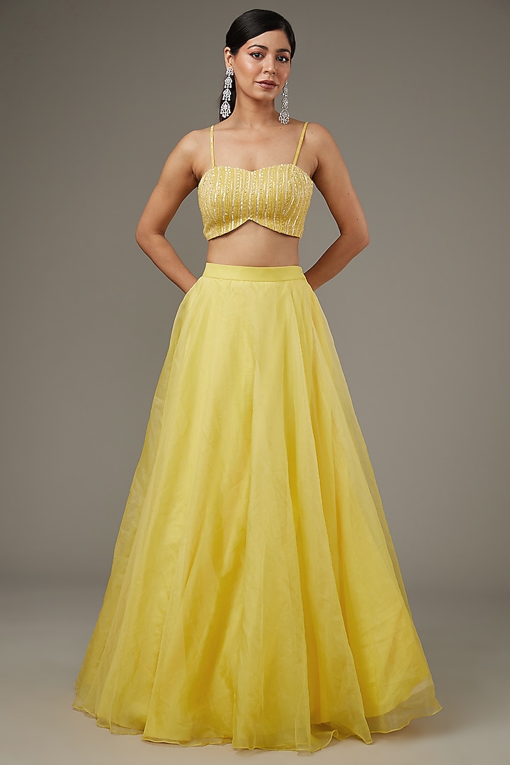 Yellow Net Hand Embroidered Jacket Set by Disha Patil at Pernia's Pop Up Shop