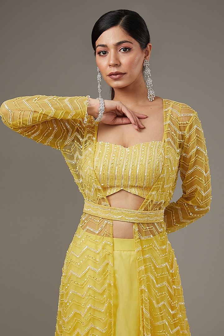 Yellow Net Hand Embroidered Jacket Set by Disha Patil at Pernia's Pop Up Shop
