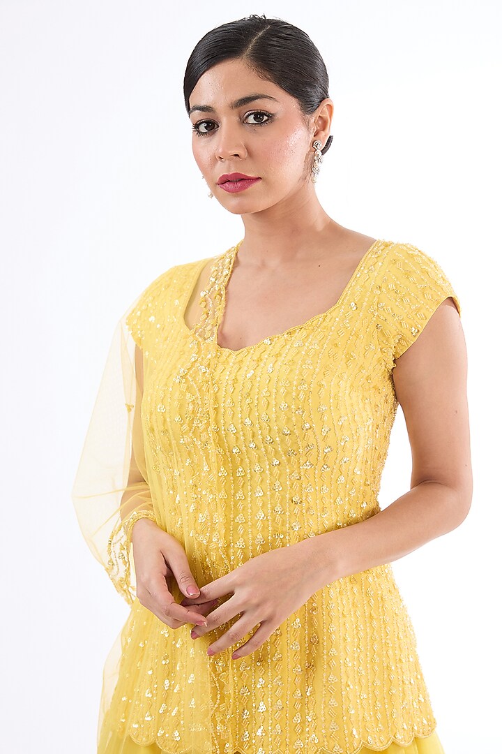 Yellow Crepe Hand Embroidered Kurta Set by Disha Patil at Pernia's Pop Up Shop