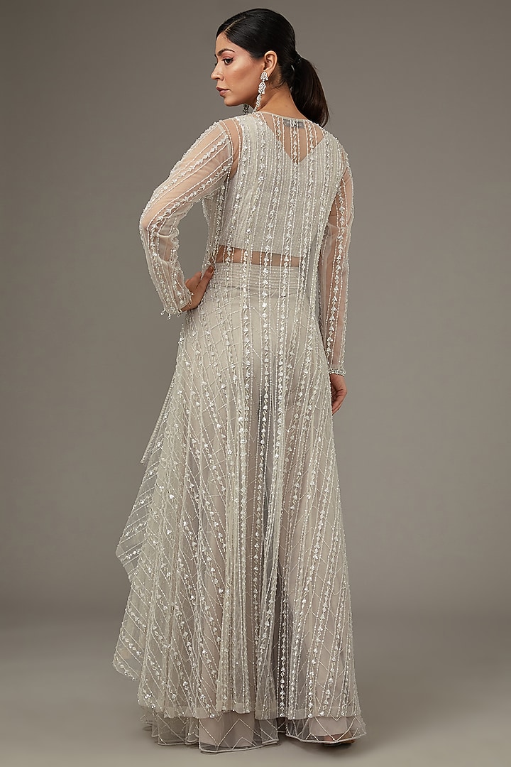 Ivory Net Hand Embroidered High-Low Jacket Set by Disha Patil at Pernia's Pop Up Shop