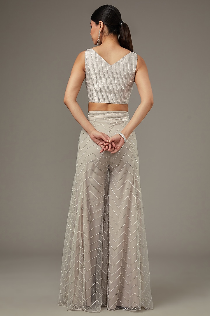 Ivory Net Hand Embroidered High-Low Jacket Set by Disha Patil at Pernia's Pop Up Shop