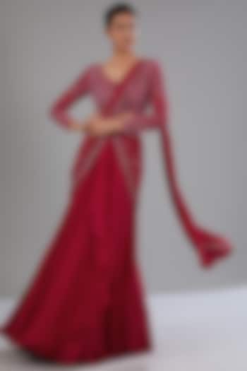 Red Crepe Embellished Pre-Draped Skirt Wedding Saree Set by Disha Patil at Pernia's Pop Up Shop
