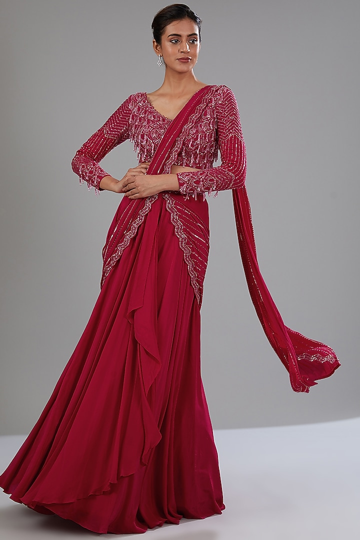Red Crepe Embellished Pre-Draped Skirt Wedding Saree Set by Disha Patil at Pernia's Pop Up Shop