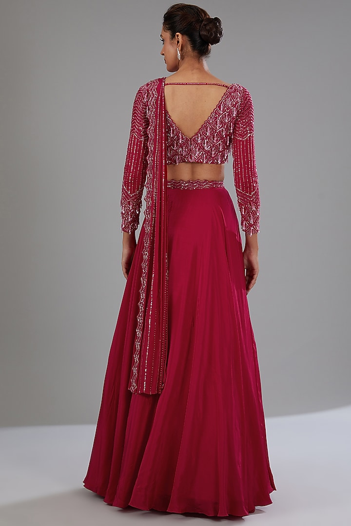 Red Crepe Embellished Pre-Draped Skirt Wedding Saree Set by Disha Patil at Pernia's Pop Up Shop
