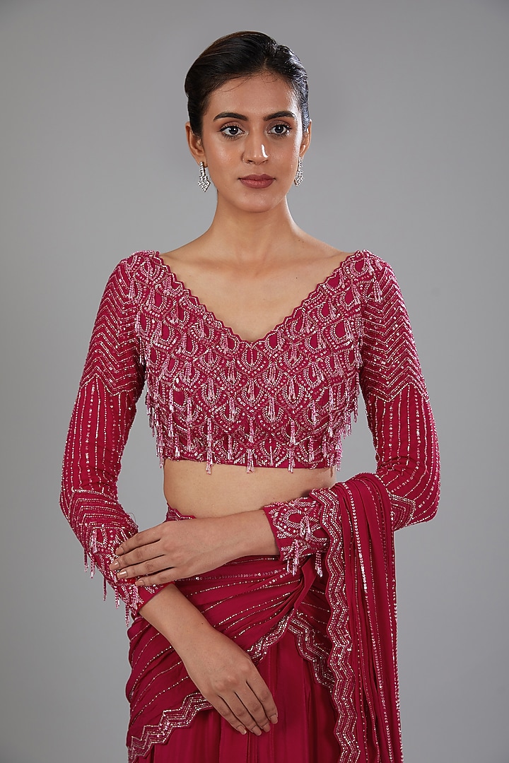 Red Crepe Embellished Pre-Draped Skirt Wedding Saree Set by Disha Patil at Pernia's Pop Up Shop