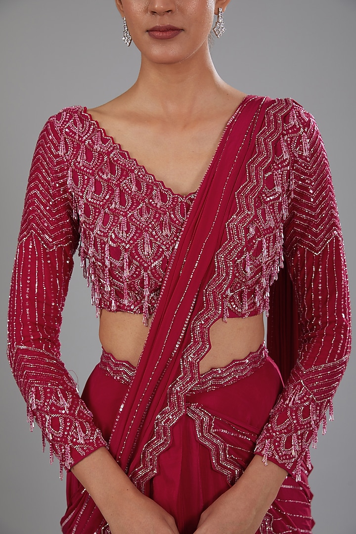 Red Crepe Embellished Pre-Draped Skirt Wedding Saree Set by Disha Patil at Pernia's Pop Up Shop