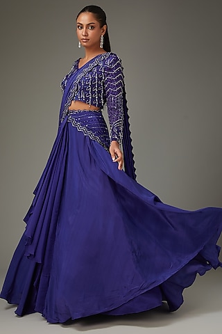 Pixie Powder Crepe Embellished Draped Skirt Set by Disha Patil
