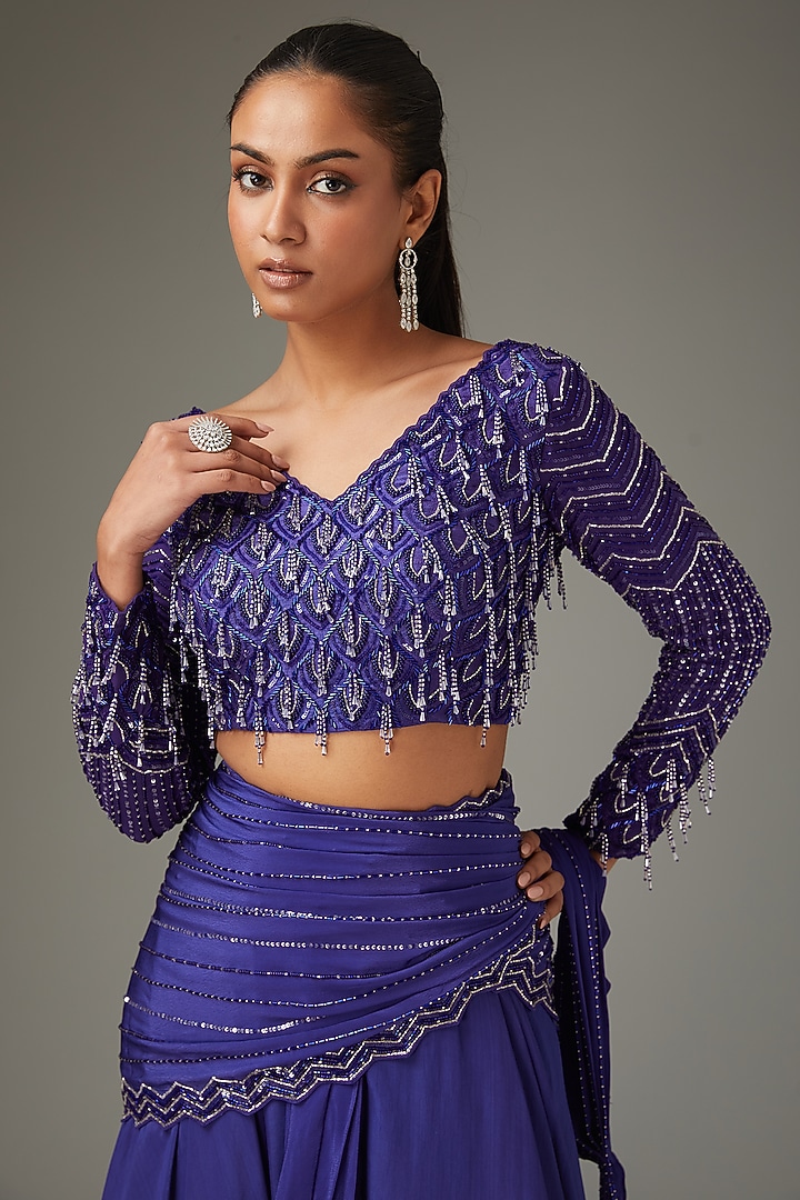Pixie Powder Crepe Embellished Draped Skirt Set by Disha Patil at Pernia's Pop Up Shop