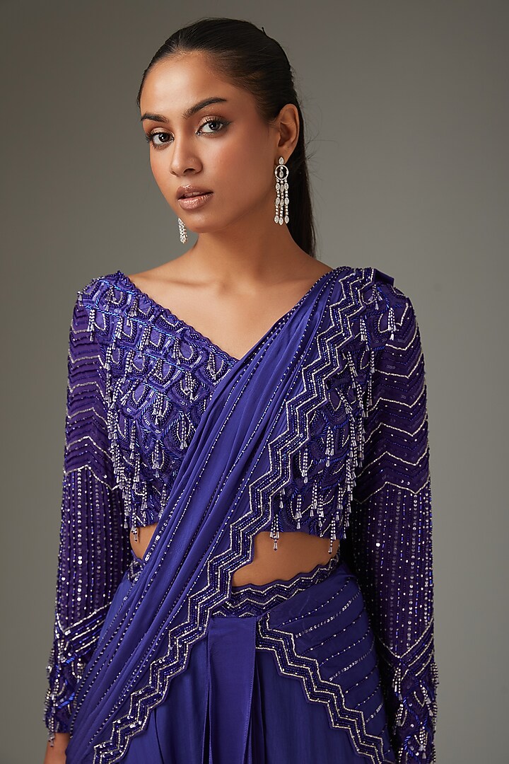 Pixie Powder Crepe Embellished Draped Skirt Set by Disha Patil at Pernia's Pop Up Shop