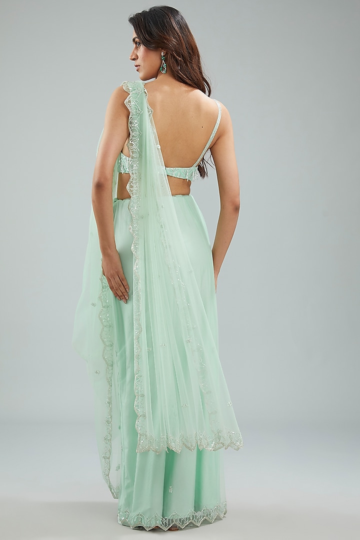 Misty Jade Net Hand Embroidered Draped Wedding Saree Set by Disha Patil at Pernia's Pop Up Shop