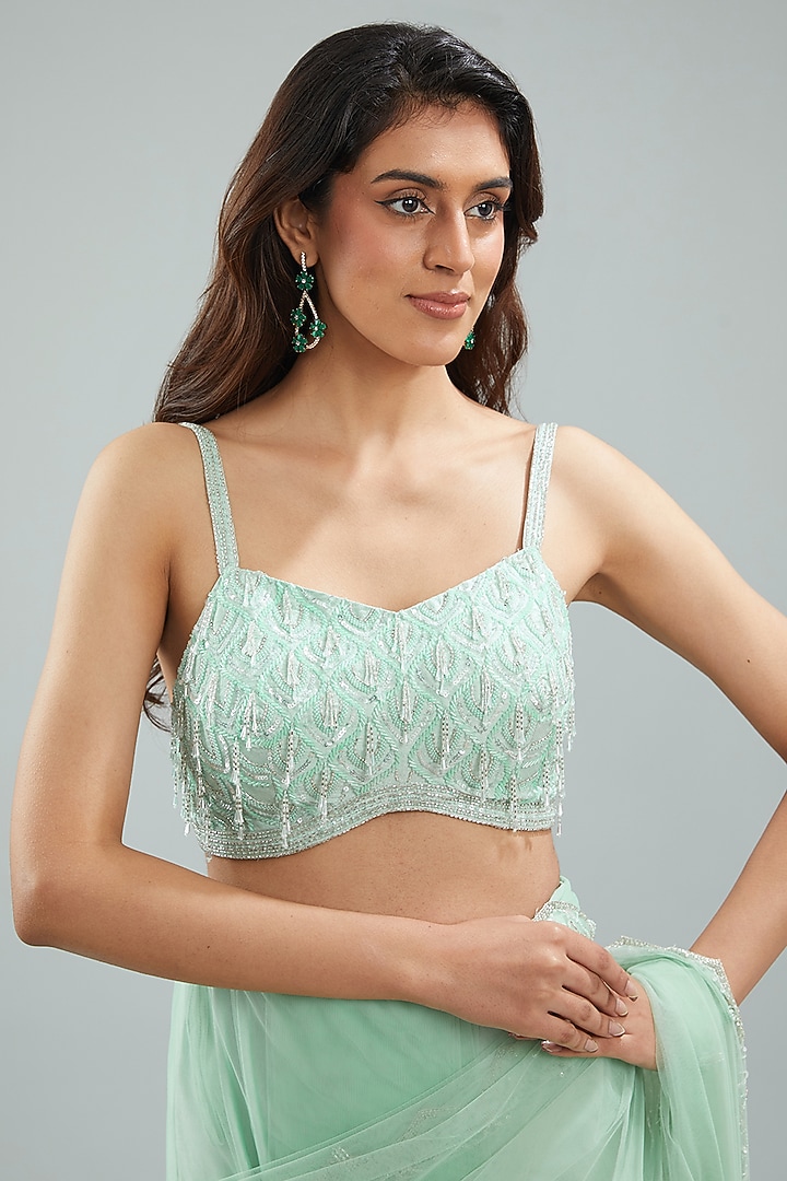 Misty Jade Net Hand Embroidered Draped Wedding Saree Set by Disha Patil at Pernia's Pop Up Shop