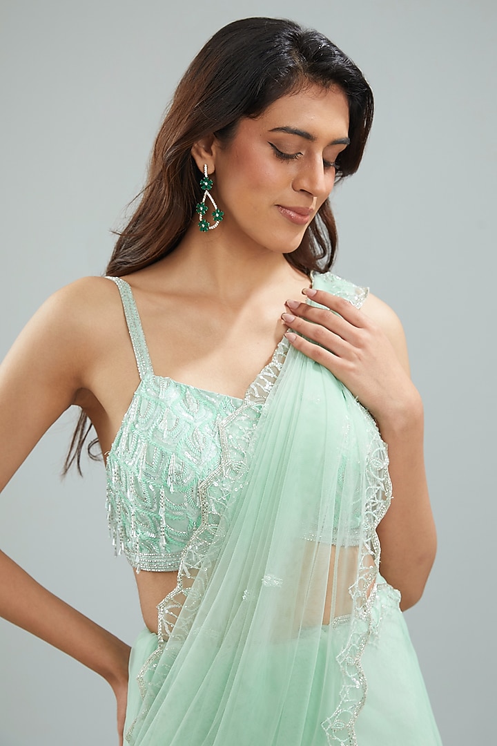 Misty Jade Net Hand Embroidered Draped Wedding Saree Set by Disha Patil at Pernia's Pop Up Shop
