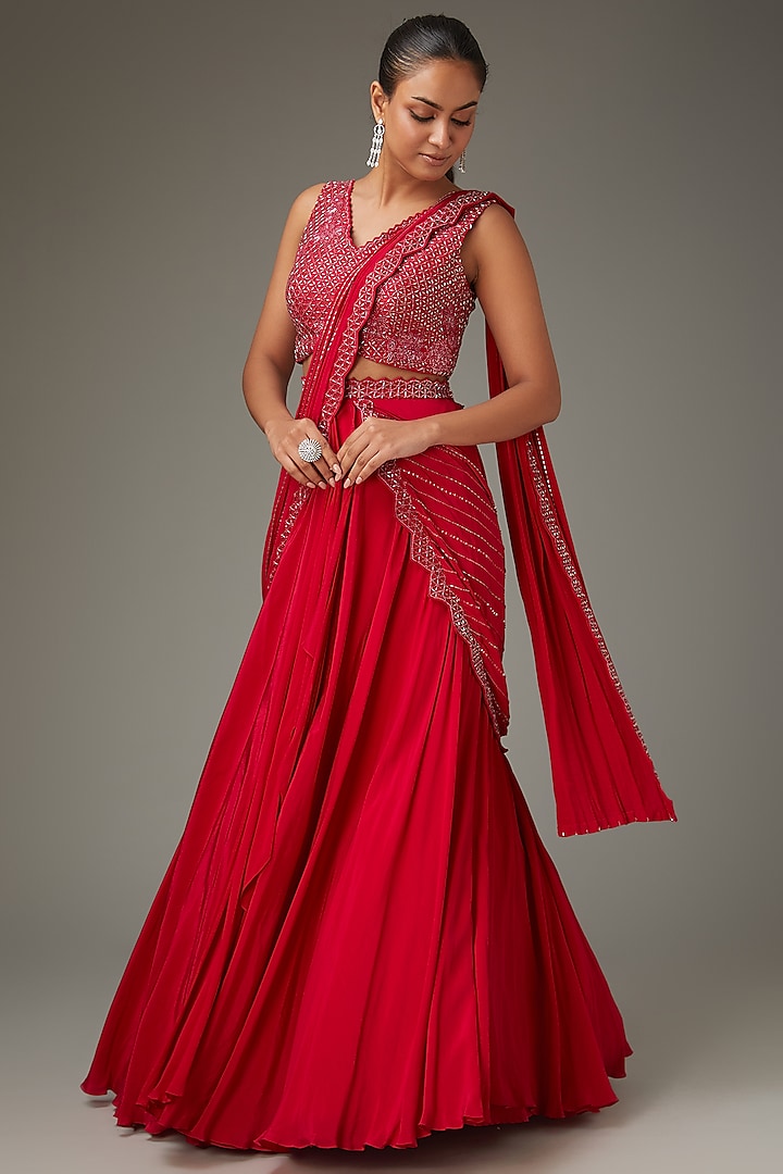Cherry Red Crepe Embellished Draped Skirt Set by Disha Patil
