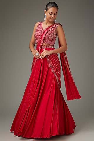 Cherry Red Crepe Embellished Draped Skirt Set by Disha Patil