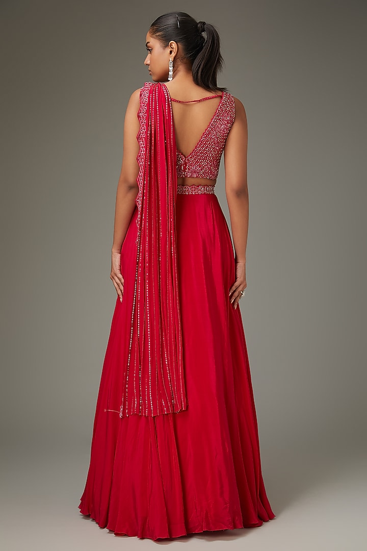 Cherry Red Crepe Embellished Draped Skirt Set by Disha Patil at Pernia's Pop Up Shop