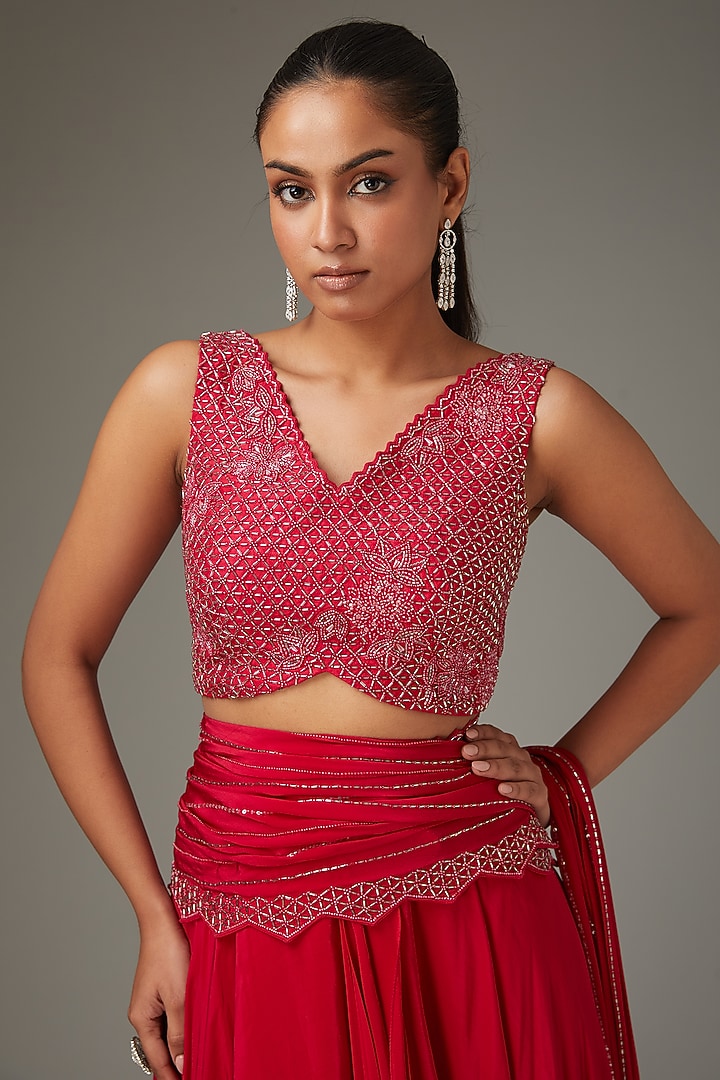 Cherry Red Crepe Embellished Draped Skirt Set by Disha Patil at Pernia's Pop Up Shop
