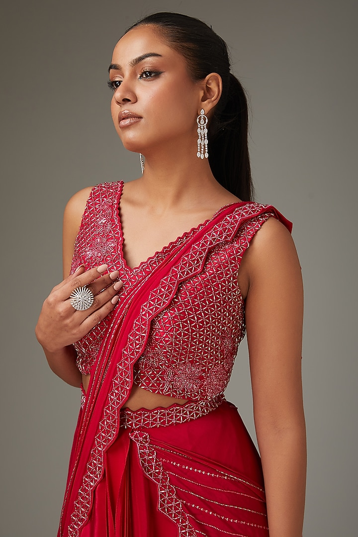 Cherry Red Crepe Embellished Draped Skirt Set by Disha Patil at Pernia's Pop Up Shop