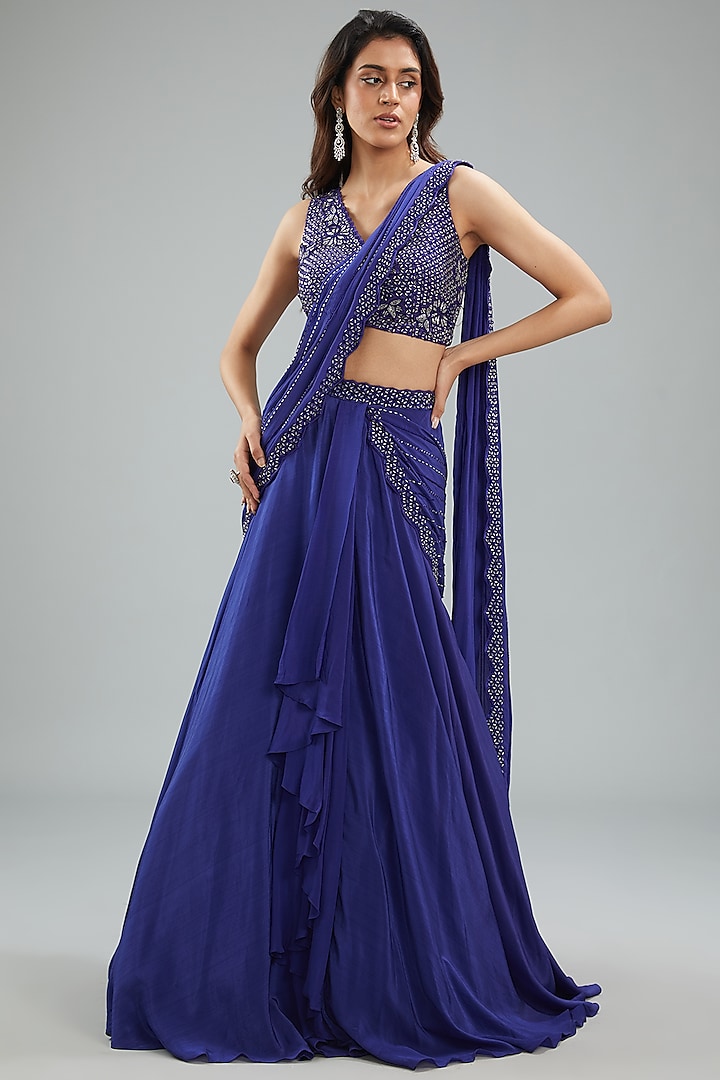 Blue Crepe Hand Embroidered Draped Skirt Saree Set by Disha Patil