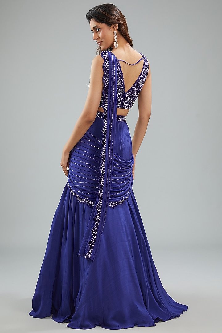 Blue Crepe Hand Embroidered Draped Skirt Wedding Saree Set by Disha Patil at Pernia's Pop Up Shop