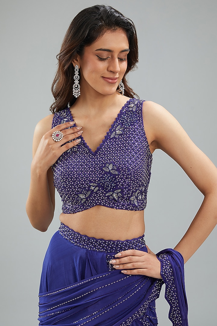 Blue Crepe Hand Embroidered Draped Skirt Wedding Saree Set by Disha Patil at Pernia's Pop Up Shop