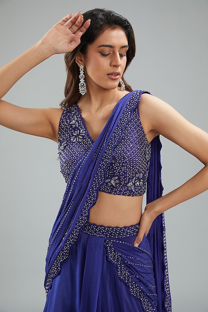 Blue Crepe Hand Embroidered Draped Skirt Wedding Saree Set by Disha Patil at Pernia's Pop Up Shop