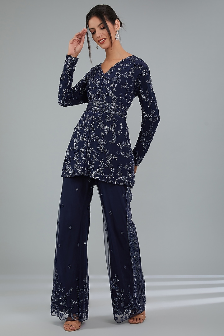 MIdnight Blue Georgette Hand Embroidered Jacket Set by Disha Patil at Pernia's Pop Up Shop