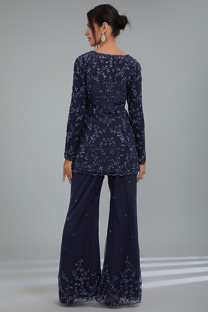 MIdnight Blue Georgette Hand Embroidered Jacket Set by Disha Patil at Pernia's Pop Up Shop