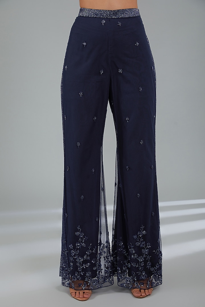 MIdnight Blue Georgette Hand Embroidered Jacket Set by Disha Patil at Pernia's Pop Up Shop