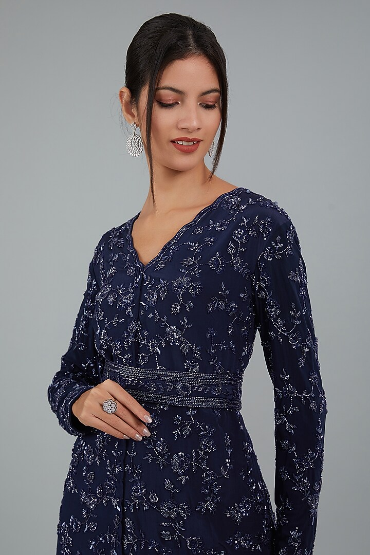 MIdnight Blue Georgette Hand Embroidered Jacket Set by Disha Patil at Pernia's Pop Up Shop