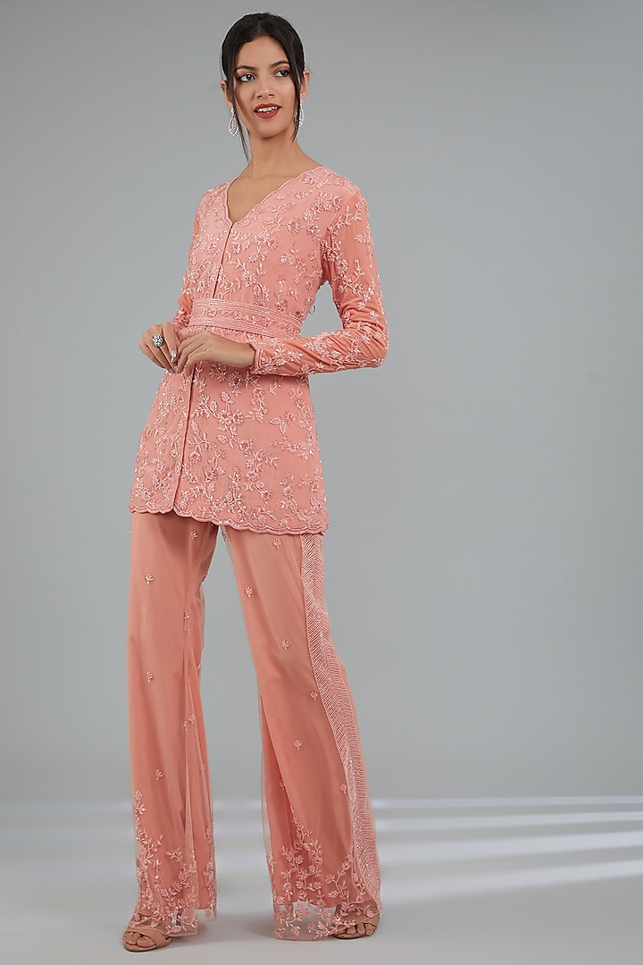Rose Pink Georgette Hand Embroidered Jacket Set by Disha Patil at Pernia's Pop Up Shop