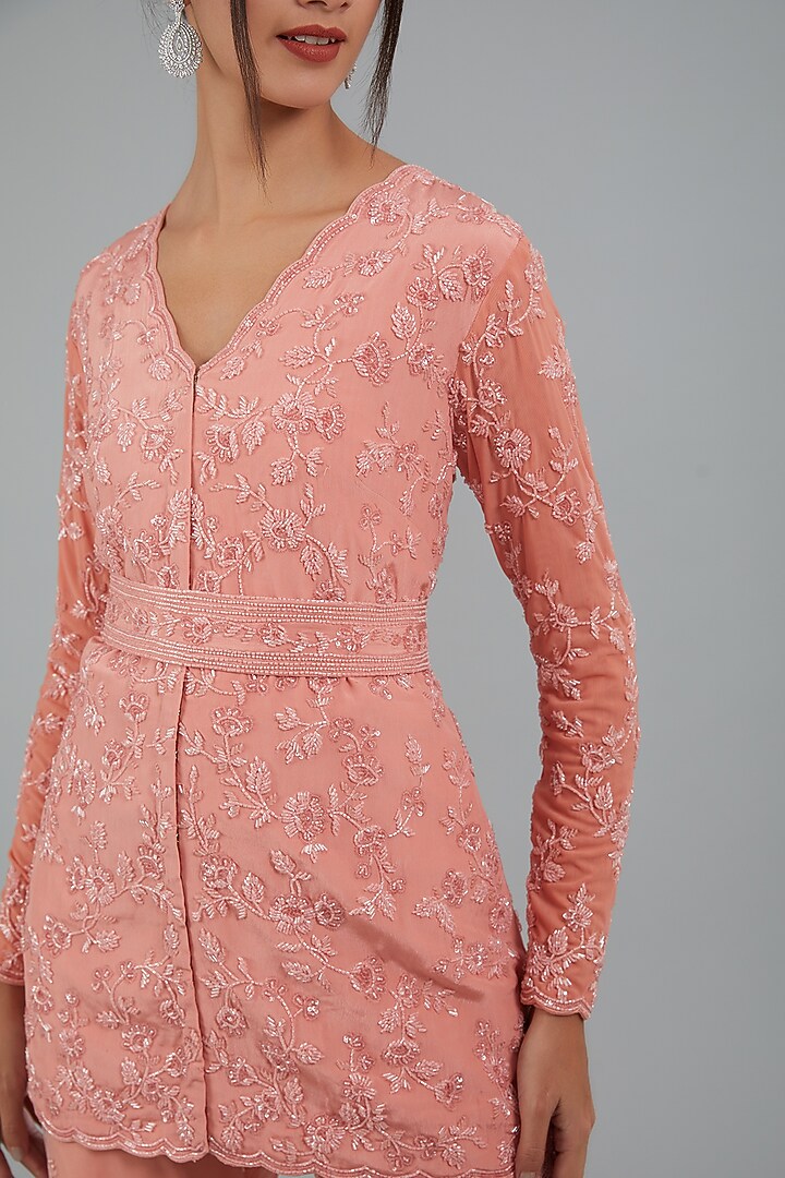 Rose Pink Georgette Hand Embroidered Jacket Set by Disha Patil at Pernia's Pop Up Shop