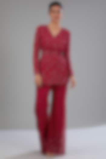 Red Crepe Embellished Jacket Set by Disha Patil at Pernia's Pop Up Shop