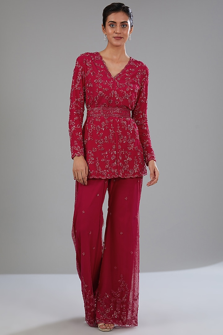 Red Crepe Embellished Jacket Set by Disha Patil at Pernia's Pop Up Shop