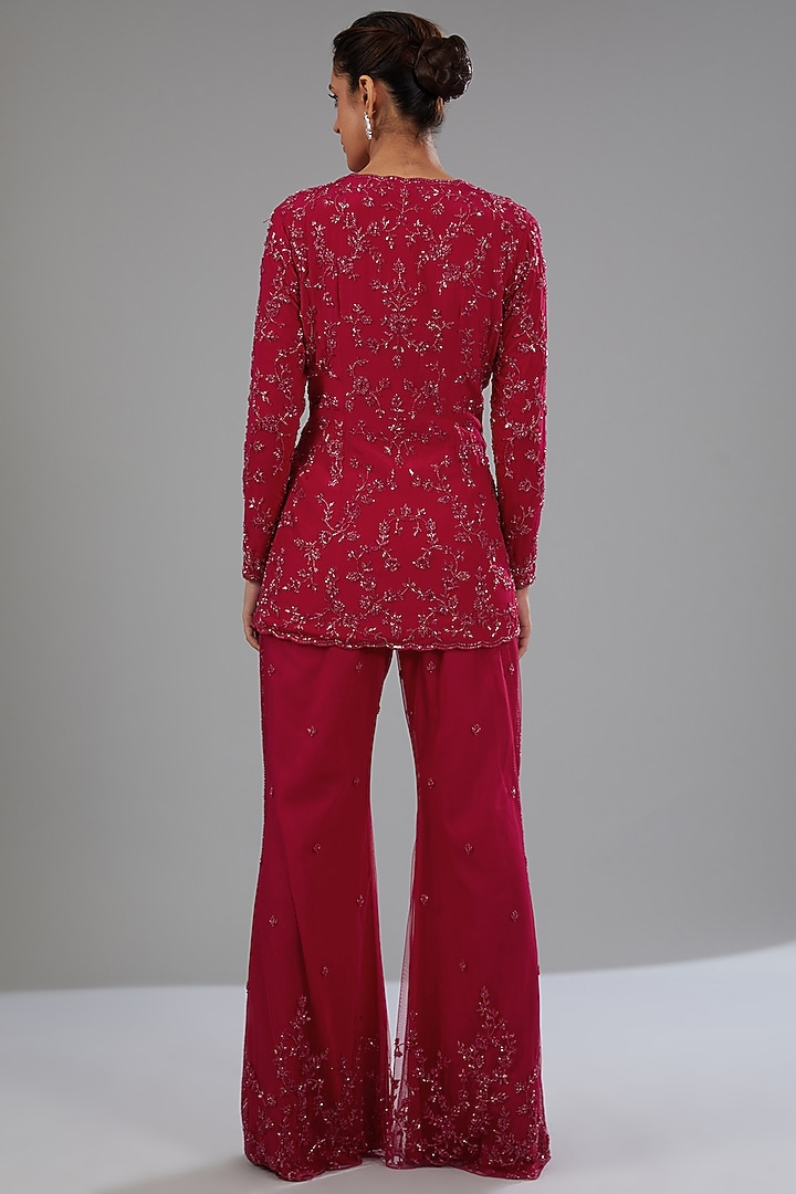 Red Crepe Embellished Jacket Set by Disha Patil at Pernia's Pop Up Shop