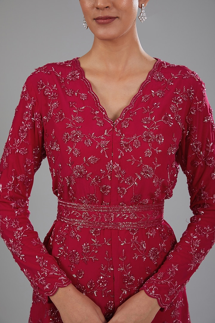 Red Crepe Embellished Jacket Set by Disha Patil at Pernia's Pop Up Shop