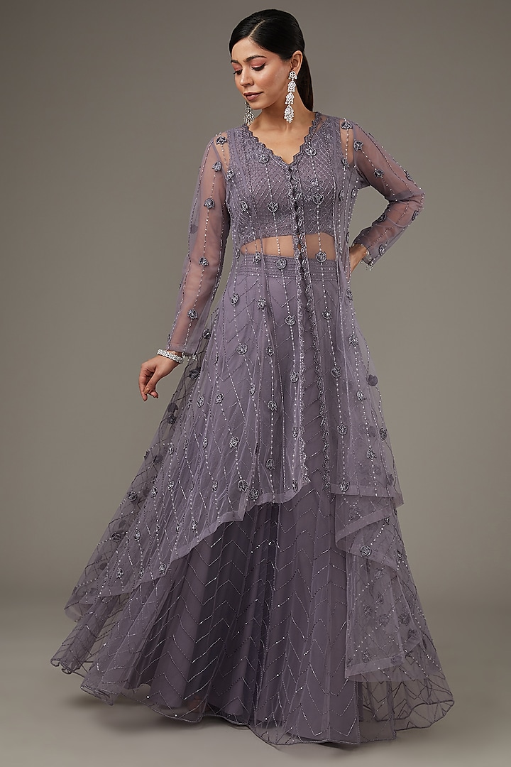 Purple Net Hand Embroidered High-Low Jacket Set by Disha Patil
