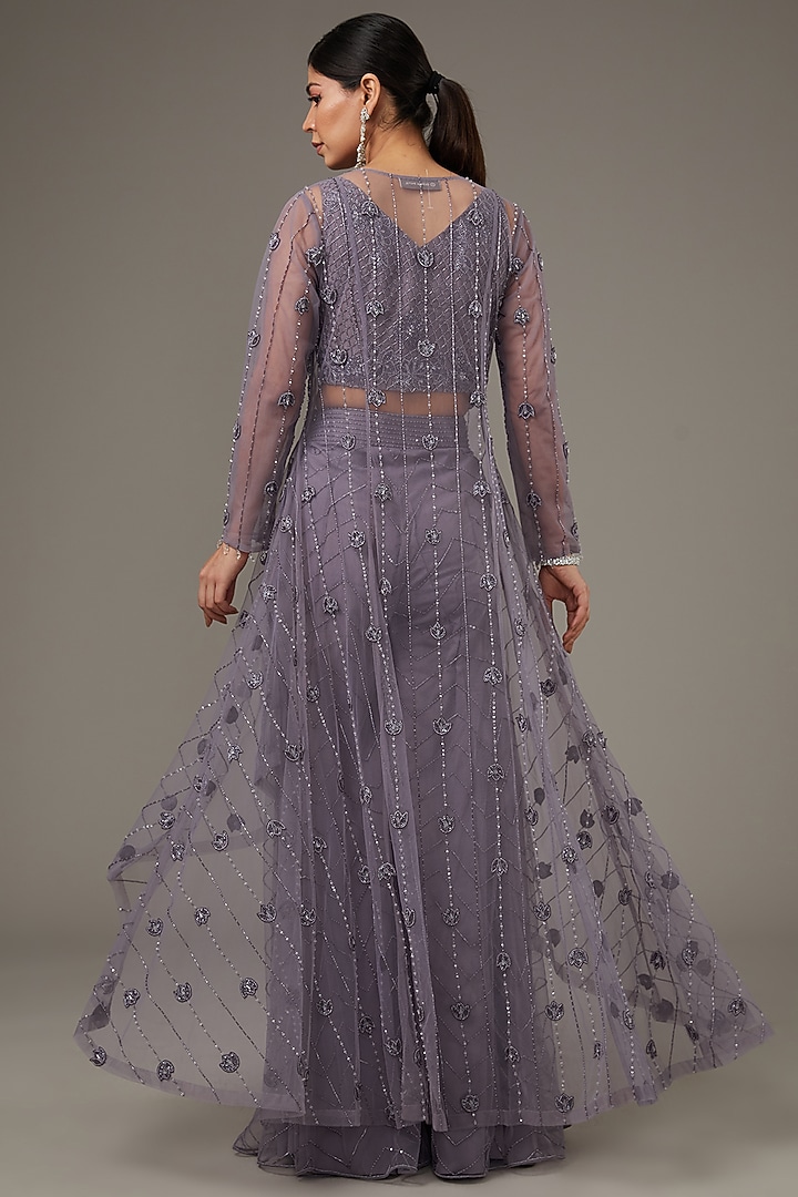 Purple Net Hand Embroidered High-Low Jacket Set by Disha Patil at Pernia's Pop Up Shop