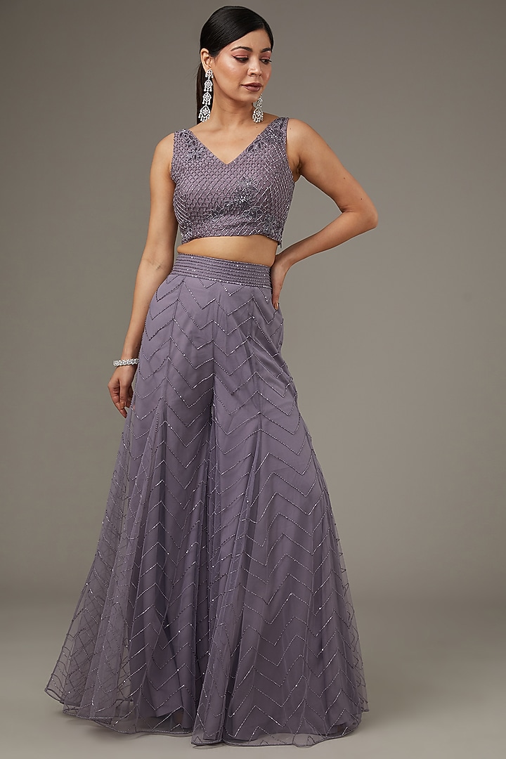 Purple Net Hand Embroidered High-Low Jacket Set by Disha Patil at Pernia's Pop Up Shop