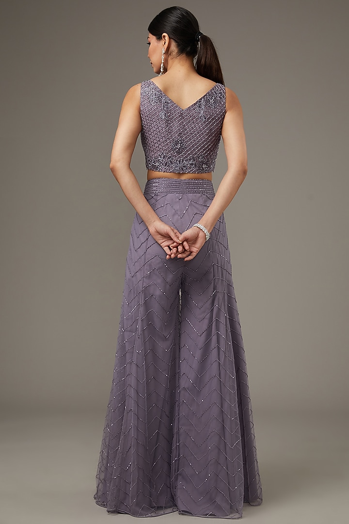 Purple Net Hand Embroidered High-Low Jacket Set by Disha Patil at Pernia's Pop Up Shop
