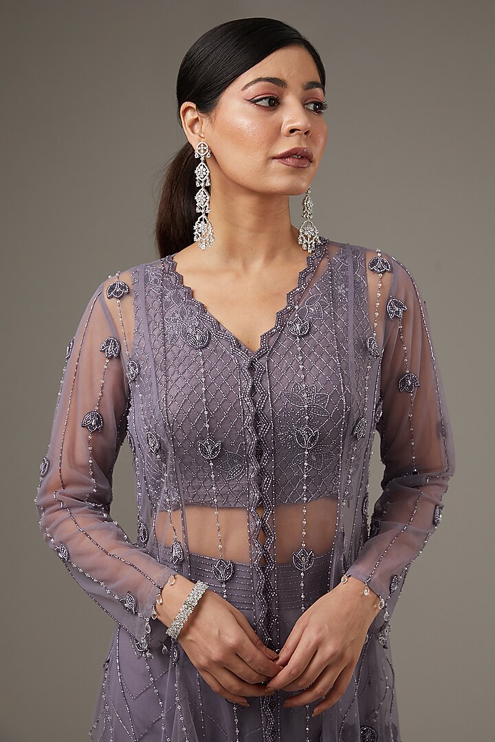 Purple Net Hand Embroidered High-Low Jacket Set by Disha Patil at Pernia's Pop Up Shop