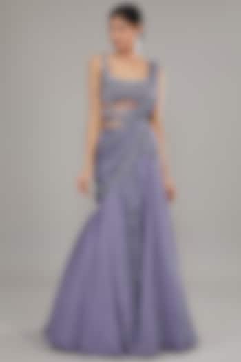 Purple Crepe Embroidered Draped Skirt Set by Disha Patil at Pernia's Pop Up Shop