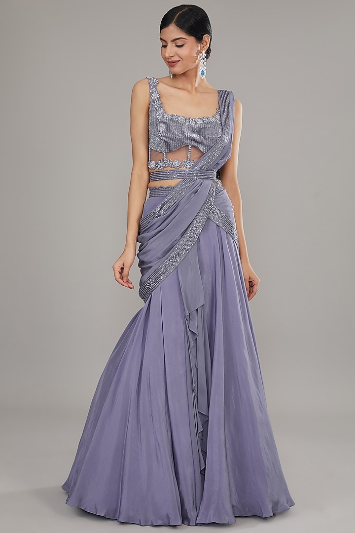 Purple Crepe Embroidered Draped Skirt Set by Disha Patil at Pernia's Pop Up Shop