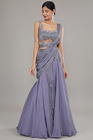Purple Crepe Embroidered Draped Skirt Set by Disha Patil