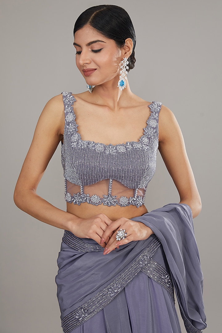 Purple Crepe Embroidered Draped Skirt Set by Disha Patil at Pernia's Pop Up Shop
