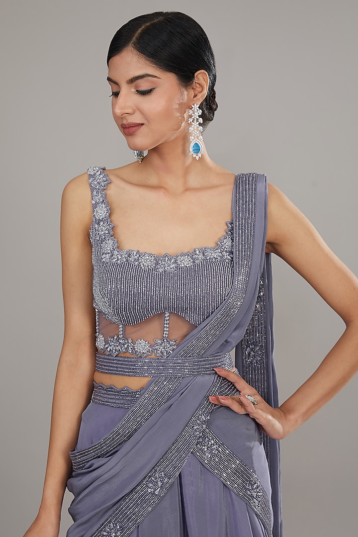 Purple Crepe Embroidered Draped Skirt Set by Disha Patil at Pernia's Pop Up Shop