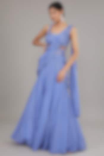 Blue Crepe Embroidered Draped Skirt Set by Disha Patil at Pernia's Pop Up Shop