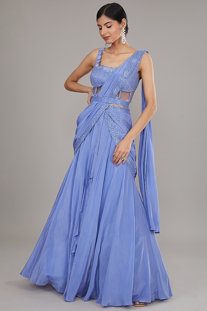 Blue Crepe Embroidered Draped Skirt Set by Disha Patil at Pernia's Pop Up Shop