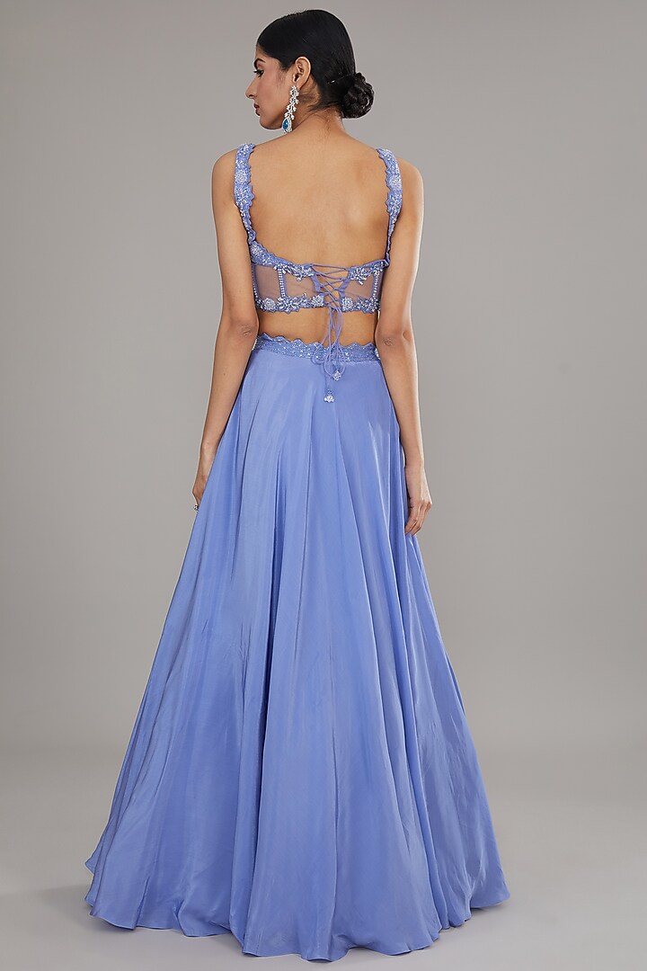 Blue Crepe Embroidered Draped Skirt Set by Disha Patil at Pernia's Pop Up Shop