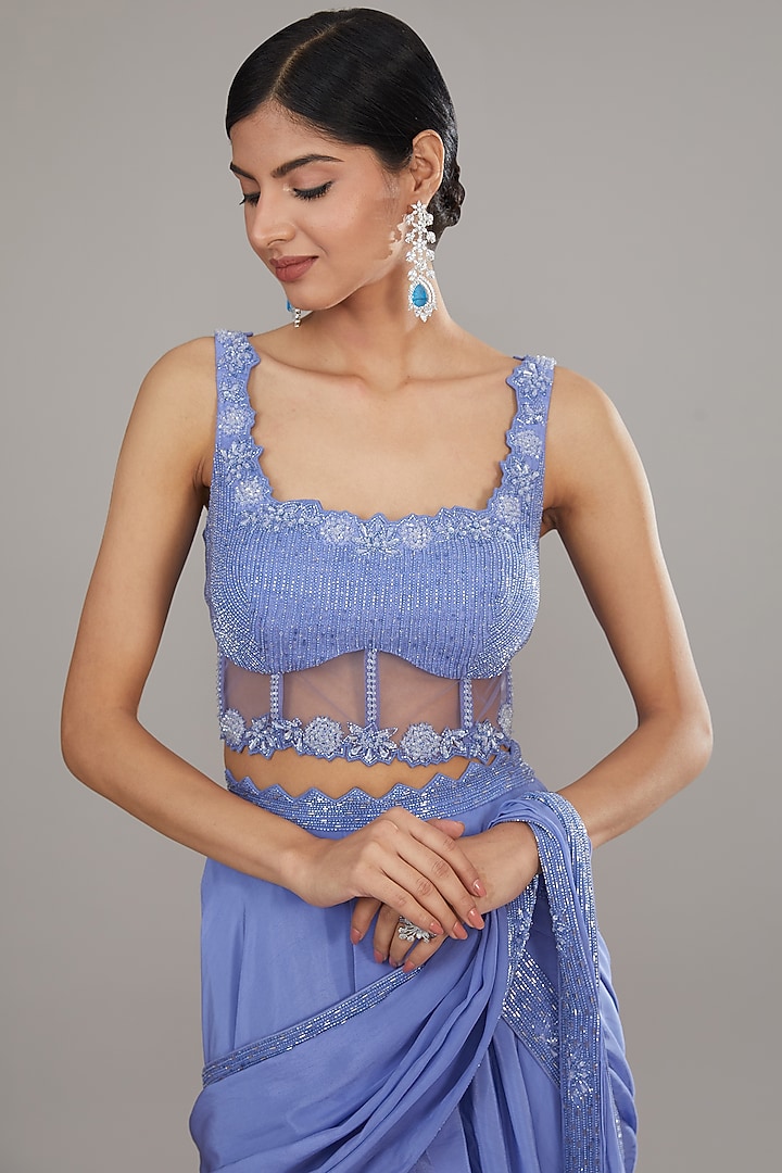 Blue Crepe Embroidered Draped Skirt Set by Disha Patil at Pernia's Pop Up Shop