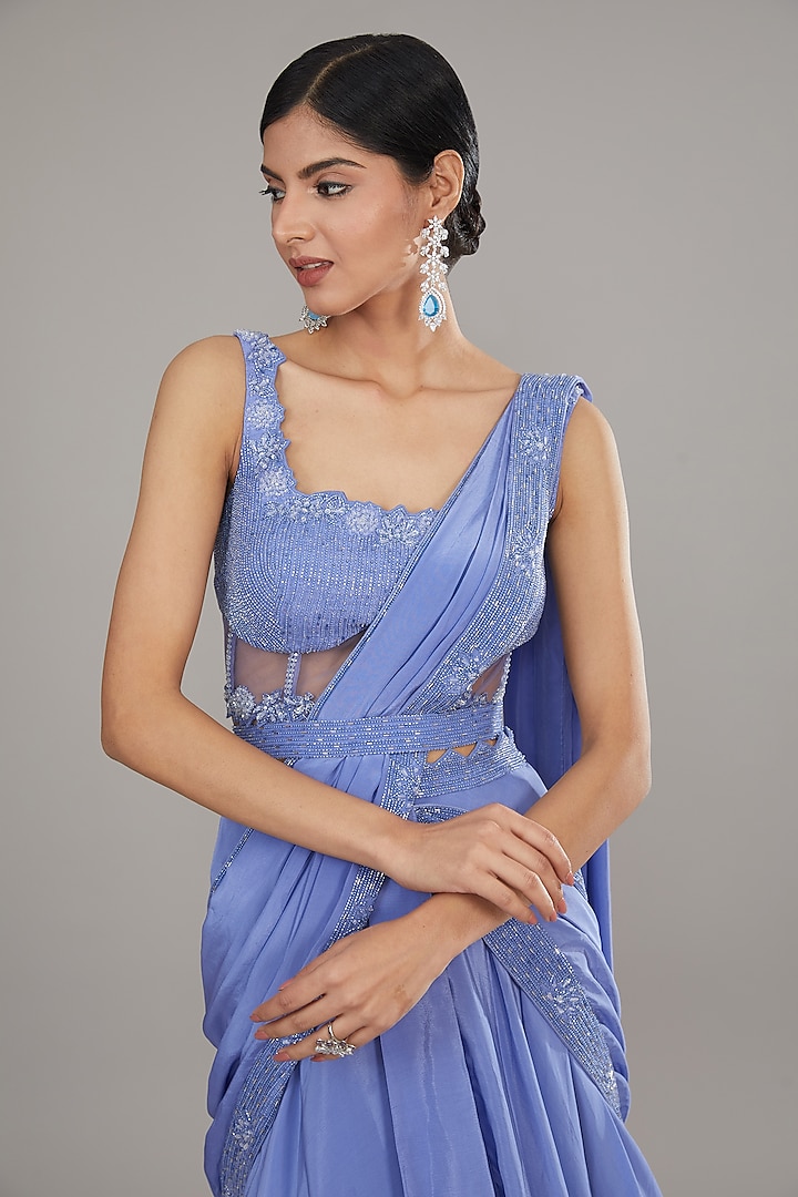 Blue Crepe Embroidered Draped Skirt Set by Disha Patil at Pernia's Pop Up Shop